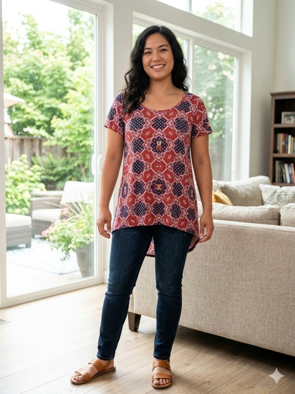 LuLaRoe Short Sleeve Scoop Neck Top in Red and Navy Geometric Print